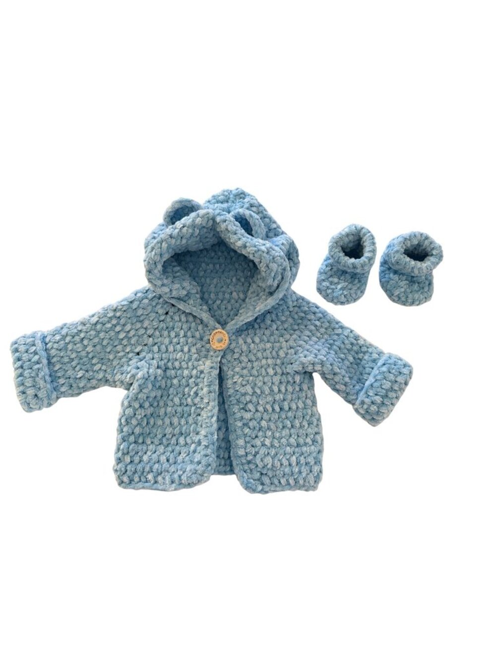 Handmade Blue Chenille Newborn Baby Hoodie & Booties Set Bear Ears Soft Plush
